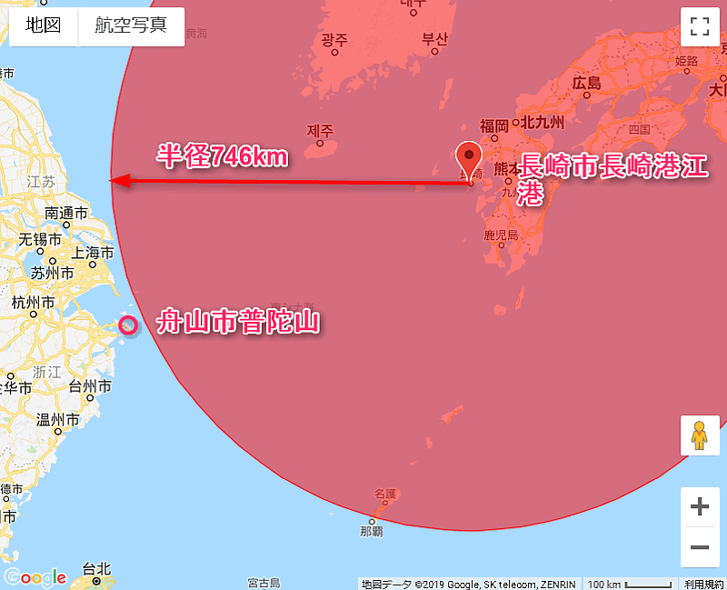 長崎港を中心とする半径746kmの円